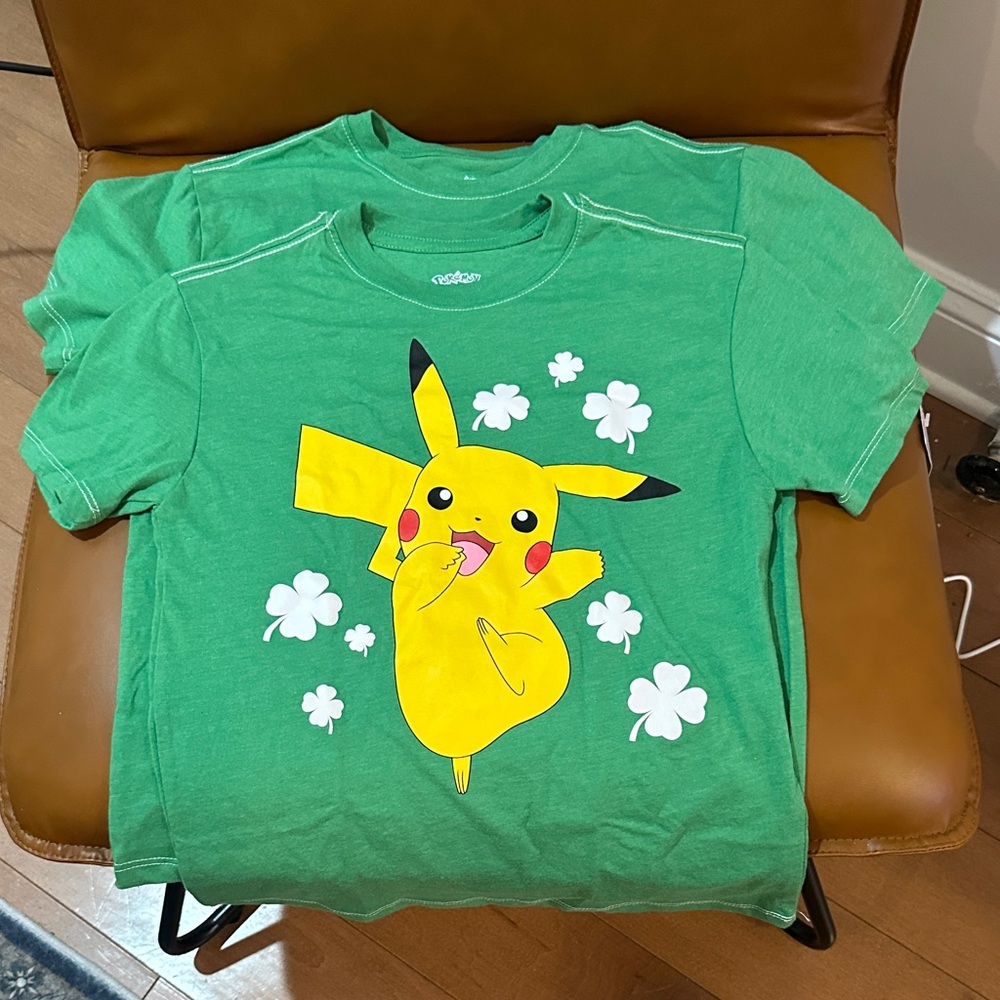 TWO SHAMROCK PIKACHU POKEMON Vibrant Green Kids Tee Shirts NWT